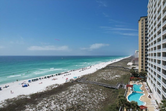 view of water feature with a beach view