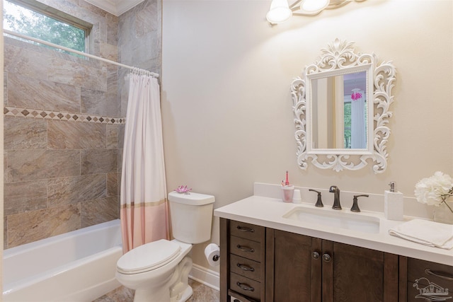 full bathroom featuring vanity, ornamental molding, toilet, and shower / bath combination with curtain