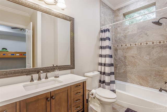 full bathroom featuring shower / bath combo with shower curtain, crown molding, tile patterned floors, toilet, and vanity