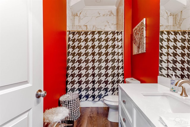 bathroom with vanity, tile walls, hardwood / wood-style flooring, and toilet