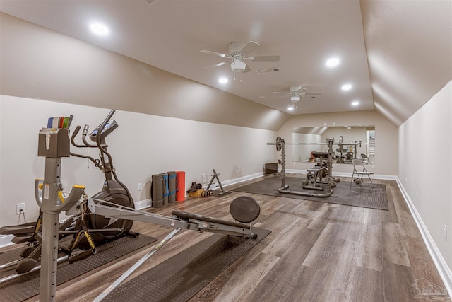 9180 Chumuckla Hwy, Pace, FL 32571 - exercise area with vaulted ceiling, visible vents, wood finished floors, baseboards, and ceiling fan