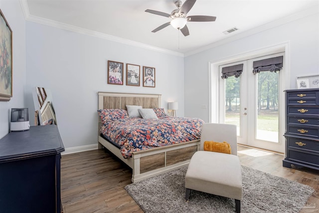 bedroom with wood-type flooring, access to outside, french doors, and ceiling fan