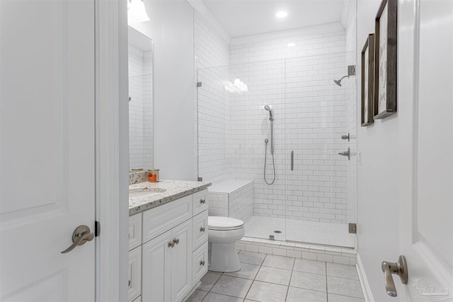 9180 Chumuckla Hwy, Pace, FL 32571 - bathroom with a shower stall, tile patterned floors, vanity, toilet, and recessed lighting