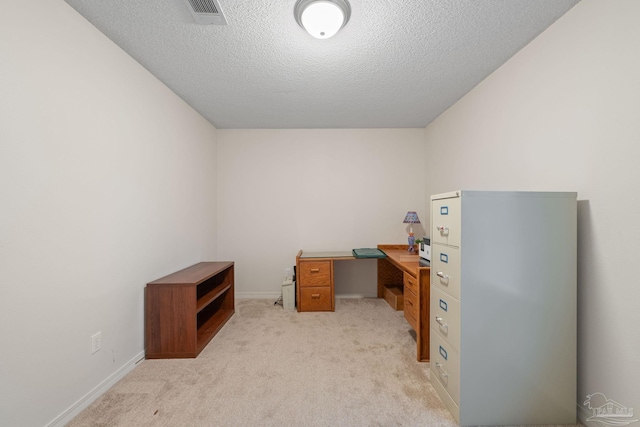 home office with light colored carpet and a textured ceiling