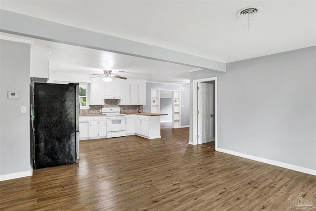 6790 Data St, Pensacola, FL 32504 - kitchen with freestanding refrigerator, white range with electric stovetop, white cabinets, and open floor plan