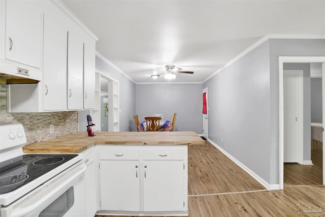 6790 Data St, Pensacola, FL 32504 - kitchen with white range with electric stovetop, ceiling fan, a peninsula, backsplash, and light wood-style flooring