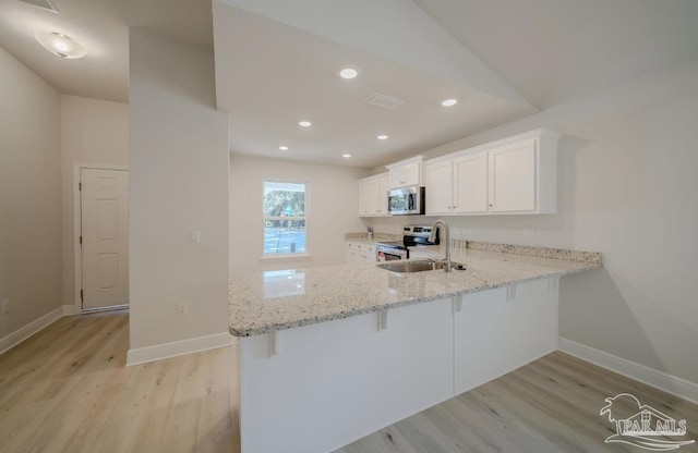 kitchen with white cabinets, kitchen peninsula, sink, and appliances with stainless steel finishes