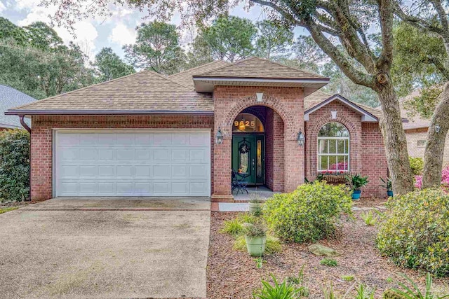 view of front of property featuring an attached garage, brick siding, and driveway