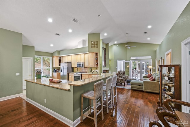 kitchen featuring ceiling fan, visible vents, dark wood-style flooring, and stainless steel appliances