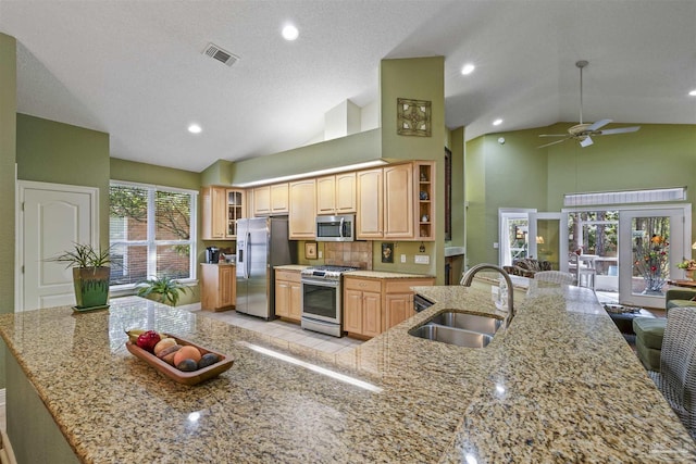 kitchen featuring visible vents, a sink, stainless steel appliances, light stone countertops, and ceiling fan