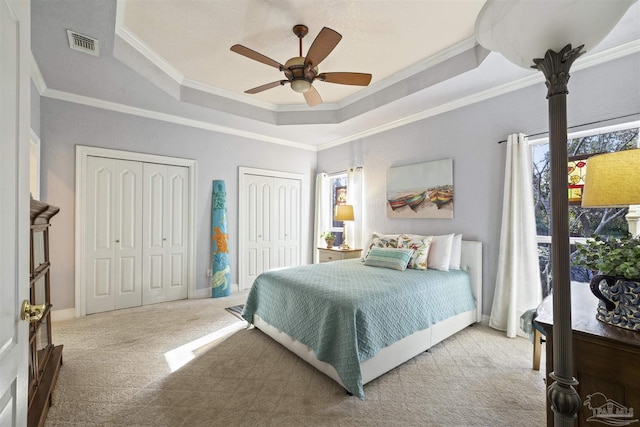 bedroom with visible vents, two closets, crown molding, carpet, and a tray ceiling