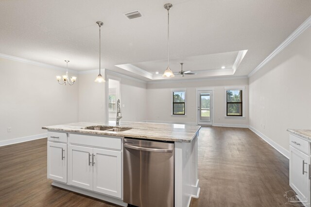 kitchen featuring white cabinets, stainless steel dishwasher, a tray ceiling, dark wood-type flooring, and sink