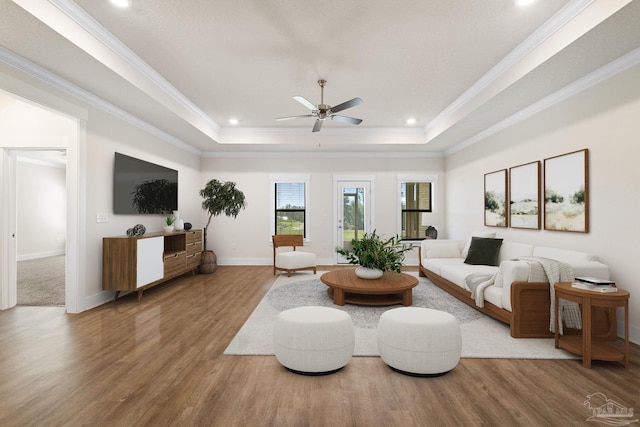 living room with crown molding, hardwood / wood-style floors, a raised ceiling, and ceiling fan