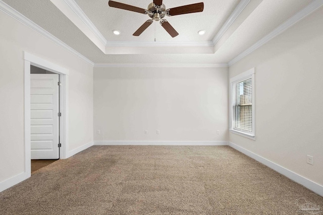 carpeted empty room featuring crown molding, a textured ceiling, and a raised ceiling