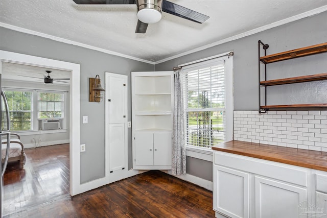 kitchen with a healthy amount of sunlight, ceiling fan, dark hardwood / wood-style floors, and wooden counters