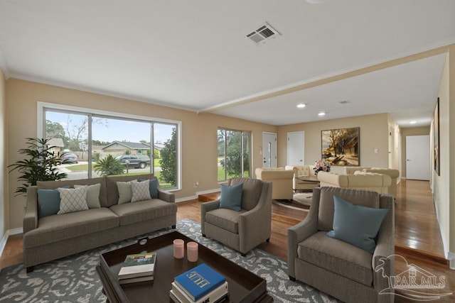 living room featuring hardwood / wood-style flooring, ornamental molding, and a wealth of natural light