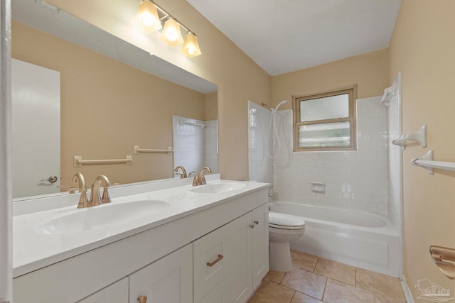 full bathroom with tile patterned flooring, tiled shower / bath combo, toilet, and vanity