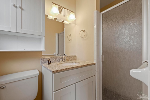 bathroom with a shower with door, vanity, and toilet