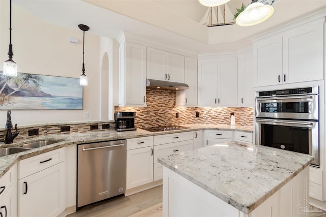 5136 Point Shores Ln, Gulf Breeze, FL 32563 - kitchen featuring decorative backsplash, white cabinetry, under cabinet range hood, a sink, and stainless steel appliances