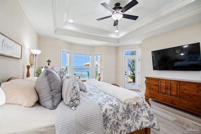 5136 Point Shores Ln, Gulf Breeze, FL 32563 - bedroom featuring access to outside, ornamental molding, multiple windows, and light wood finished floors