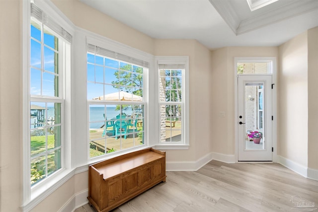 5136 Point Shores Ln, Gulf Breeze, FL 32563 - entrance foyer with crown molding, baseboards, a water view, and light wood finished floors