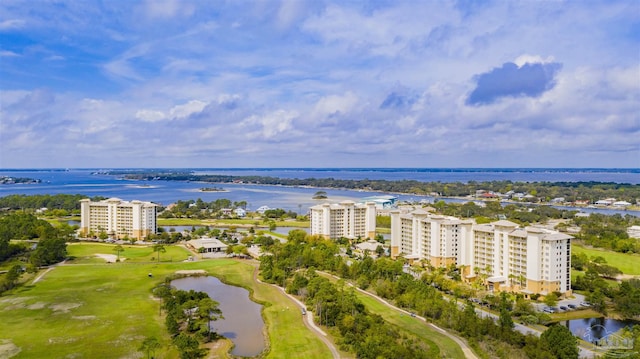 drone / aerial view with a water view