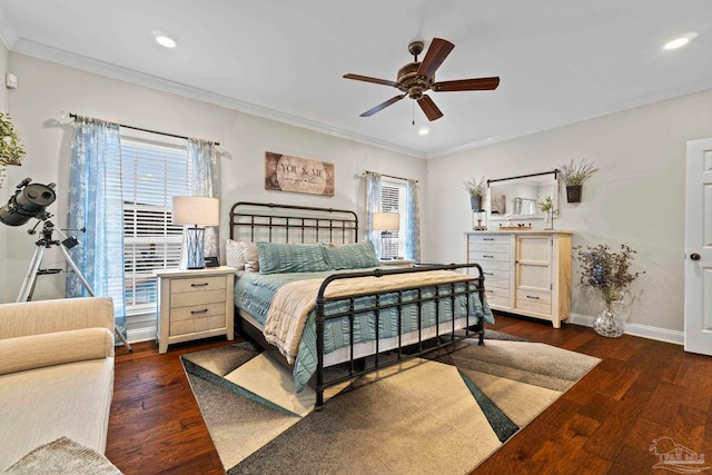 bedroom featuring crown molding, ceiling fan, and dark hardwood / wood-style flooring