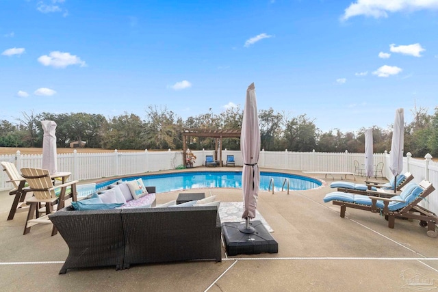 view of swimming pool with an outdoor hangout area, a pergola, and a patio