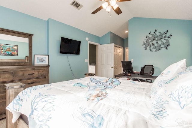 bedroom featuring vaulted ceiling and ceiling fan