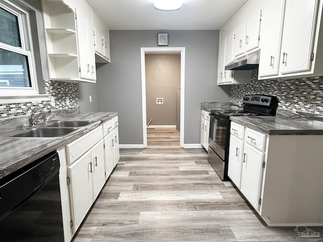 6910 Cornelius Ln, Pensacola, FL 32505 - kitchen featuring black appliances, under cabinet range hood, white cabinets, and tasteful backsplash