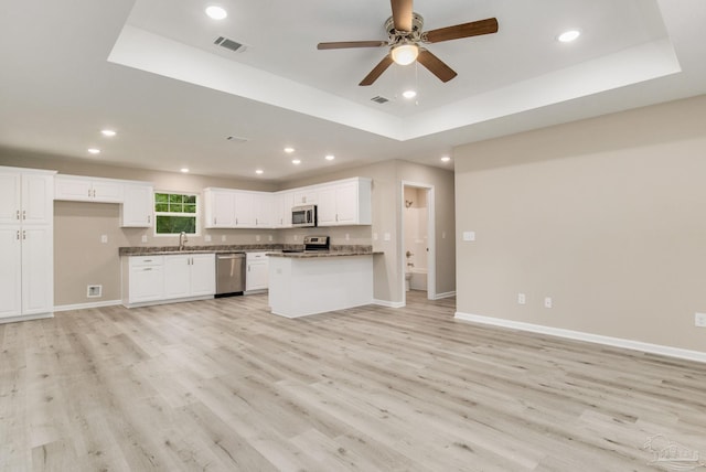 kitchen with a raised ceiling, white cabinetry, light hardwood / wood-style floors, and appliances with stainless steel finishes