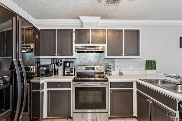 kitchen featuring a textured ceiling, sink, dark brown cabinetry, and black appliances