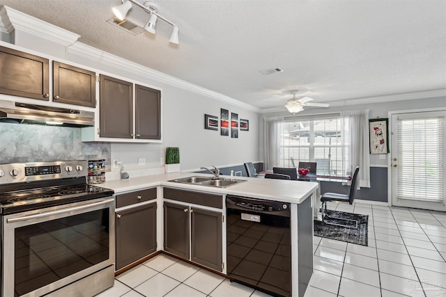 kitchen with kitchen peninsula, black dishwasher, stainless steel electric range, a textured ceiling, and sink