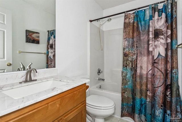 full bathroom with toilet, vanity, and shower / bath combination with curtain