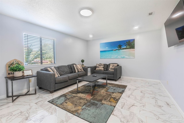 living room featuring a textured ceiling