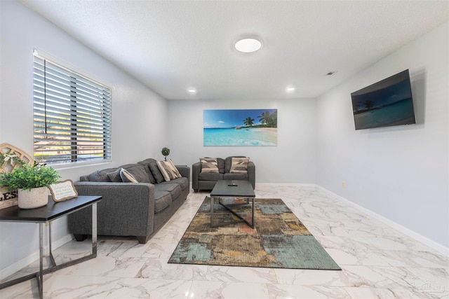 living room featuring a textured ceiling