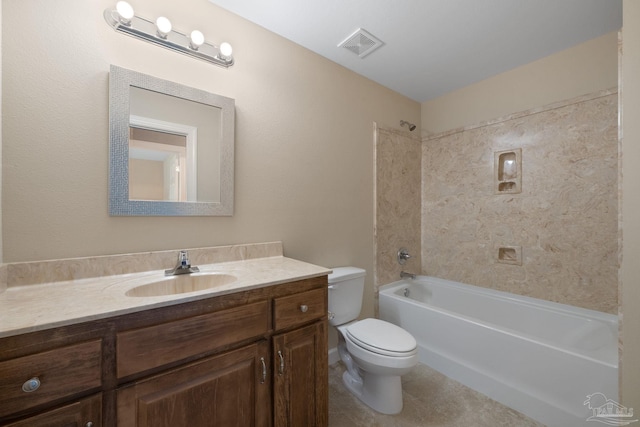 full bath featuring shower / bathing tub combination, visible vents, vanity, tile patterned floors, and toilet