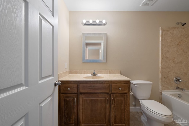 bathroom with toilet,  shower combination, visible vents, and vanity