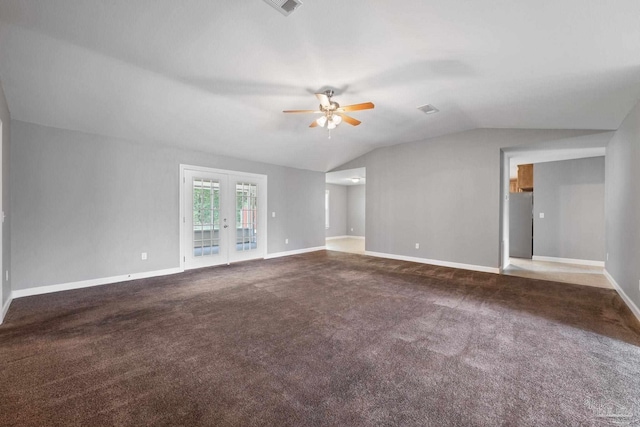 unfurnished living room with a ceiling fan, baseboards, french doors, and lofted ceiling