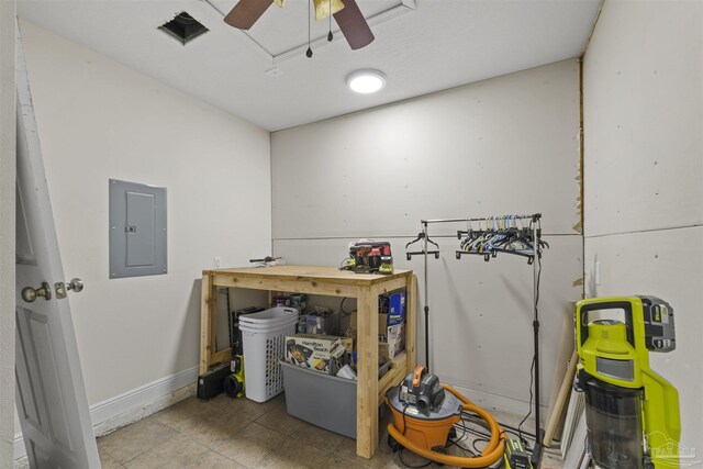 3963 Edgefield St, Pace, FL 32571 - misc room with electric panel, ceiling fan, baseboards, and tile patterned floors