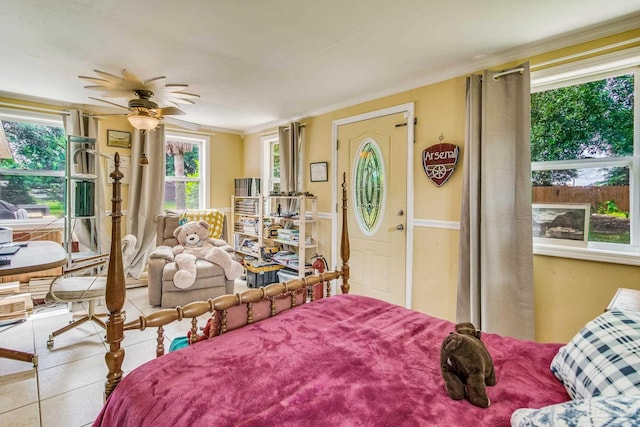 tiled bedroom featuring crown molding