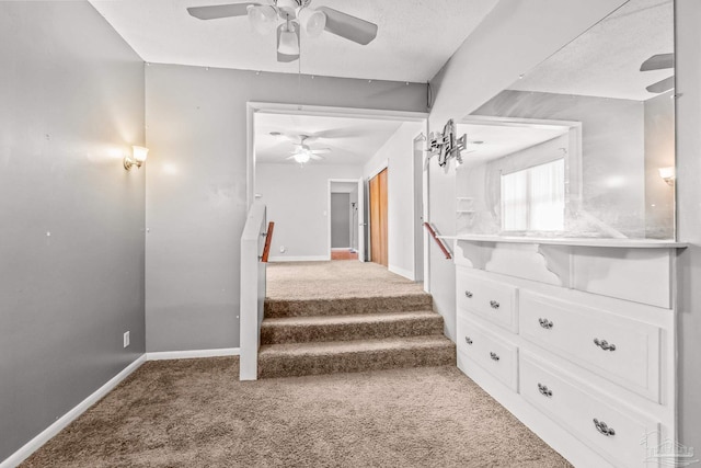 stairway featuring ceiling fan, carpet, and a textured ceiling