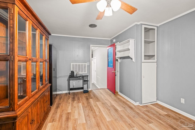 interior space with light hardwood / wood-style flooring, ceiling fan, and ornamental molding