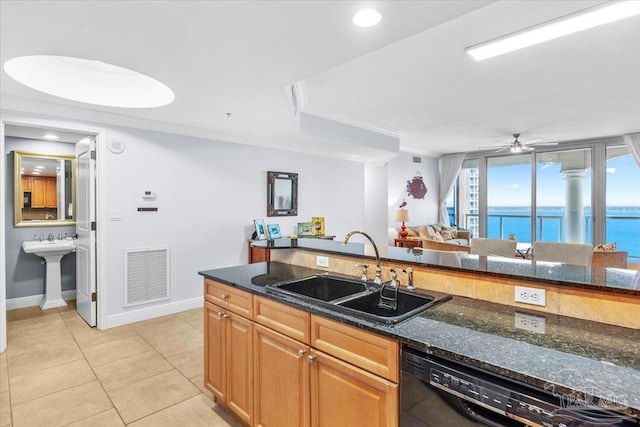 kitchen featuring a water view, plenty of natural light, dark stone counters, and sink