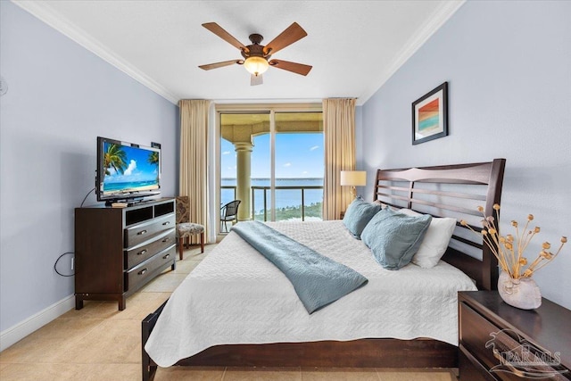 bedroom with access to outside, ceiling fan, light tile patterned floors, and ornamental molding