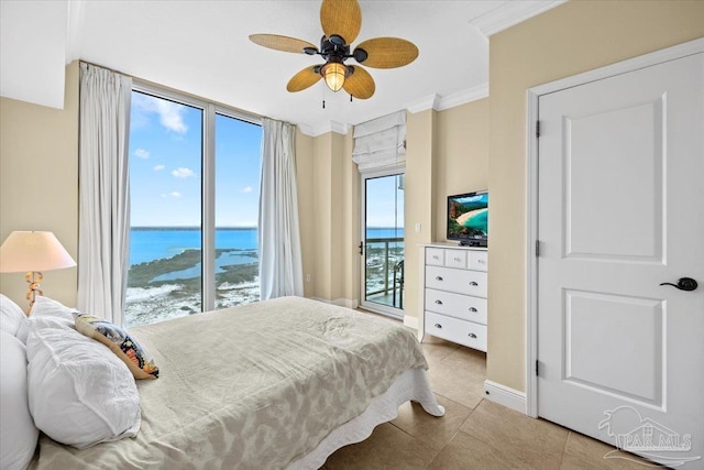 tiled bedroom featuring access to outside, ceiling fan, and ornamental molding