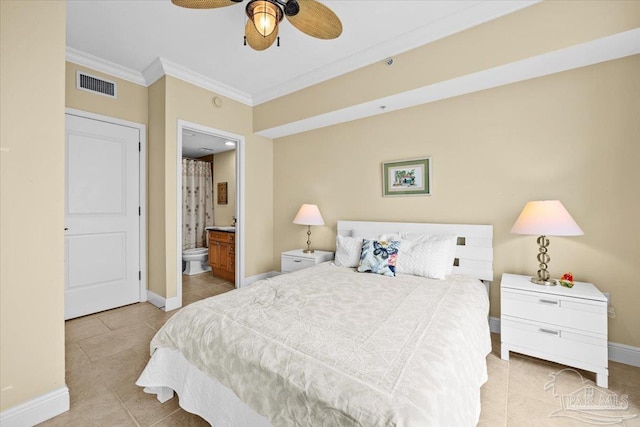 bedroom with light tile patterned floors, ensuite bath, ceiling fan, and crown molding