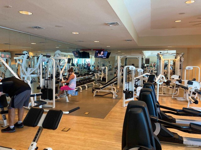 workout area with light hardwood / wood-style flooring