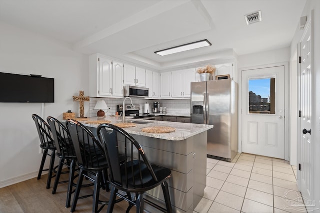 kitchen featuring white cabinets, a breakfast bar area, appliances with stainless steel finishes, a peninsula, and backsplash