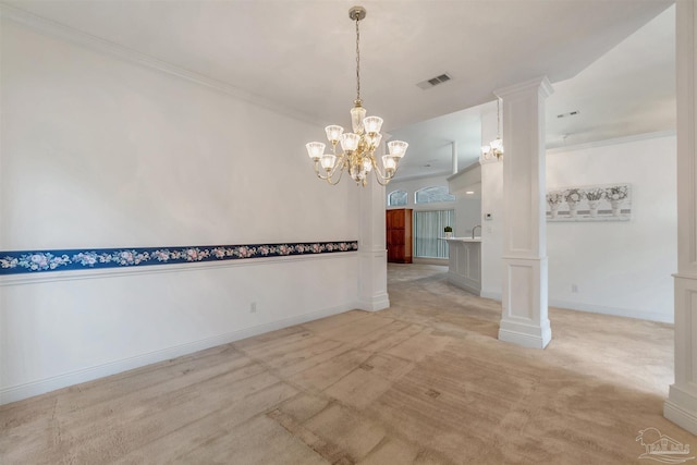 unfurnished dining area featuring carpet, visible vents, ornamental molding, baseboards, and a chandelier